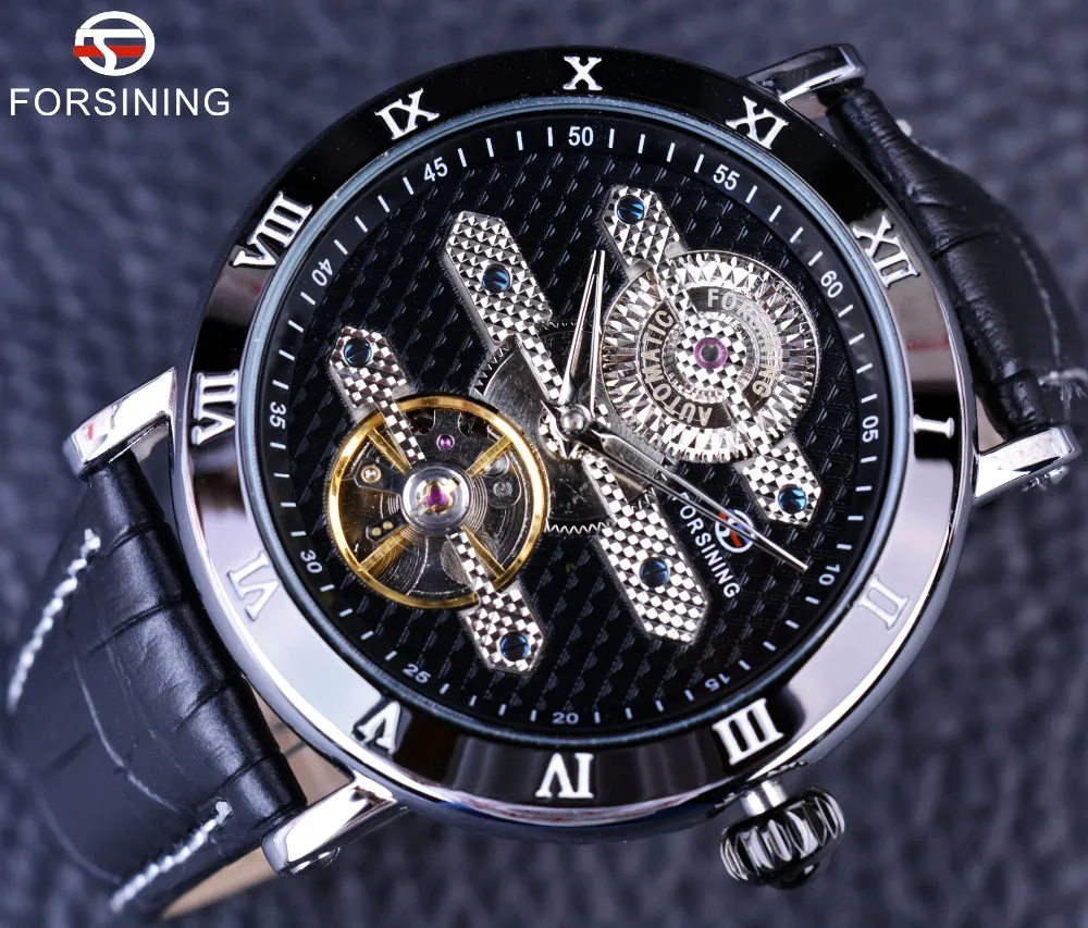 ForSining Tourbillion Obscure Designer Waterproof äkta läder Mens Watch Top Brand Luxury Mechanical Automatic Watch Clock208a