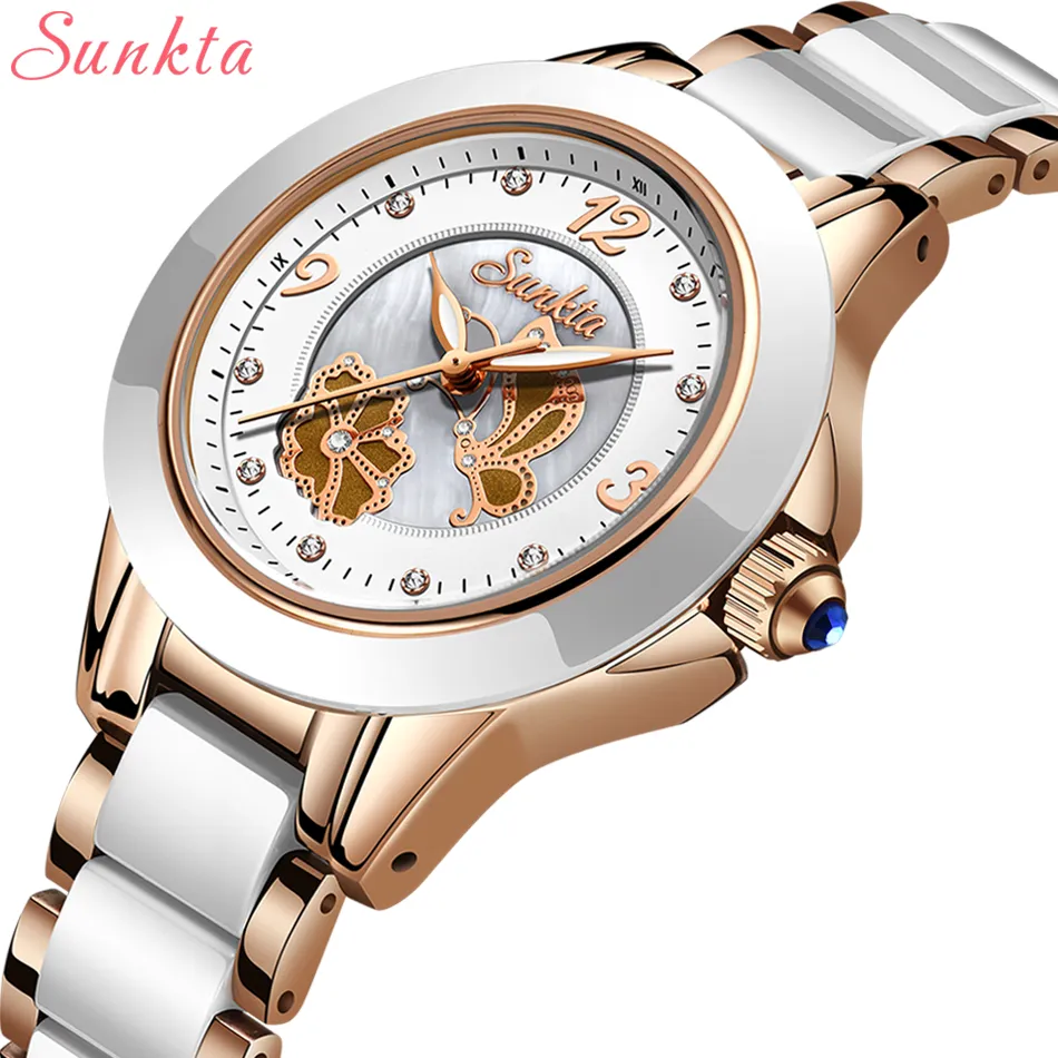 Sunkta Crystal Watch Women Waterprose Gül Altın Çelik Strap Ladies Bilek Saatleri En İyi Marka Bilezik Saat Relogio FEMININ246D