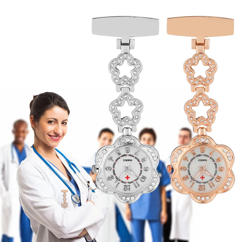 Montre d'infirmière en acier inoxydable, argent, or Rose, cœur médical, fleur, diamant, Design, docteur, Fob, montres de poche à Quartz, pendentif, horloge 250f