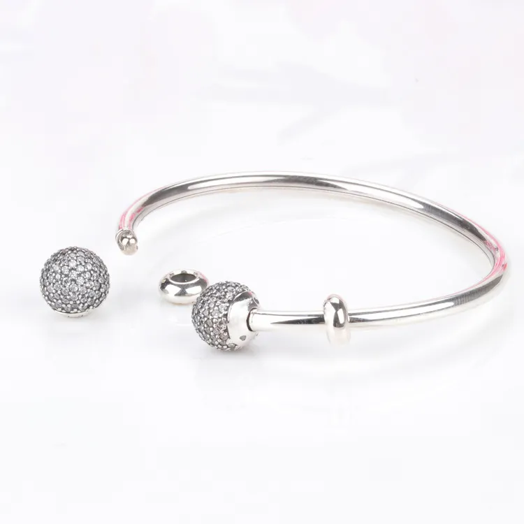 最高品質のモーメントオープンバングルパブキャップ付きZIRCONIA BANGLE PAN BRACELET FIT BEAD CHARM 925 STERLING SILVER JEWELRY J1907333B