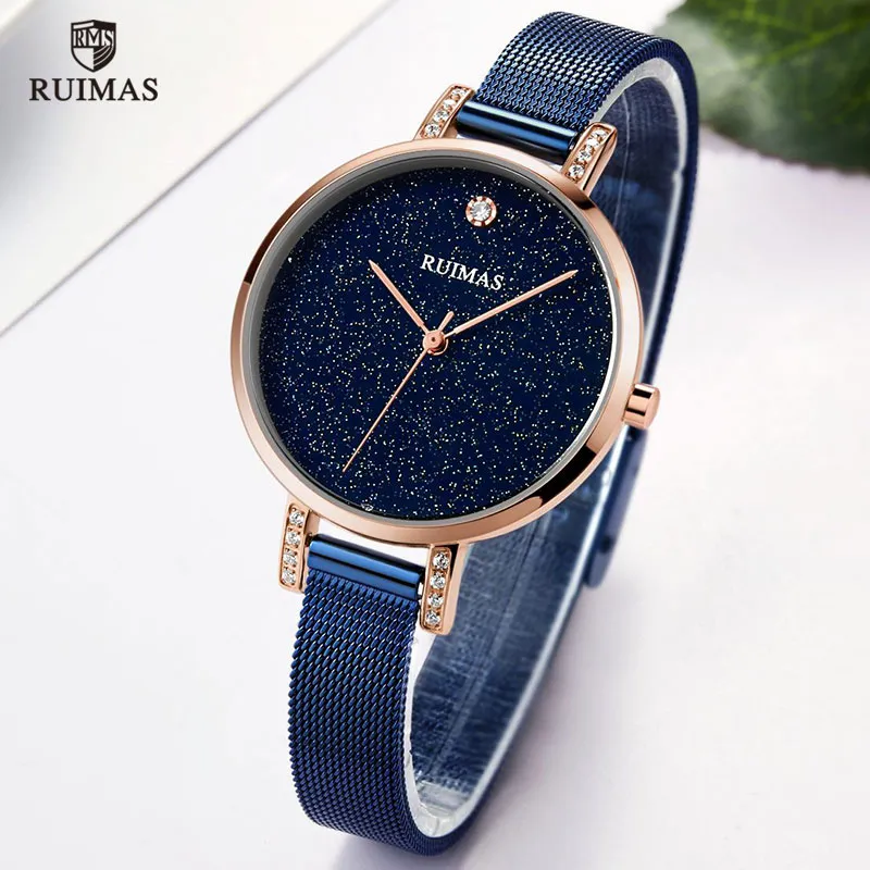 Ruimas Simple analogique robe femmes montres en acier inoxydable maille bracelet Quartz montres dame Watch267y