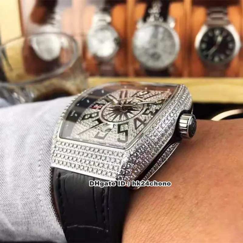 2 estilos Relojes de lujo Vanguard Full Diamonds Reloj automático para hombre V 45 SC DT Denso Diamond Dial Correa de cuero Relojes de pulsera para caballeros234q
