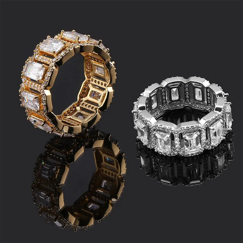 Hip Hop glacé rectangulaire Zircon Hip Hop hommes bague or argent grand CZ Bling charme bijoux 2859