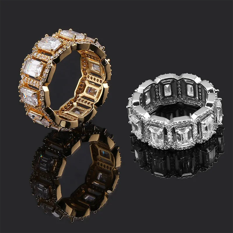 Hip Hop Iced Out Rectangular Zircon Hip Hop Mens Ring Gold Silver Big CZ Bling Charm Jewelry2859