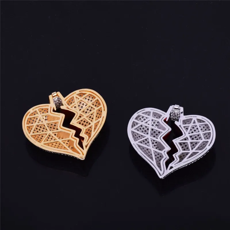 Trendy rood gebroken hart hangers hiphop statement ketting met volledige steentjes gouden zilveren ketting voor mannen vrouwen 2 kleuren 3073