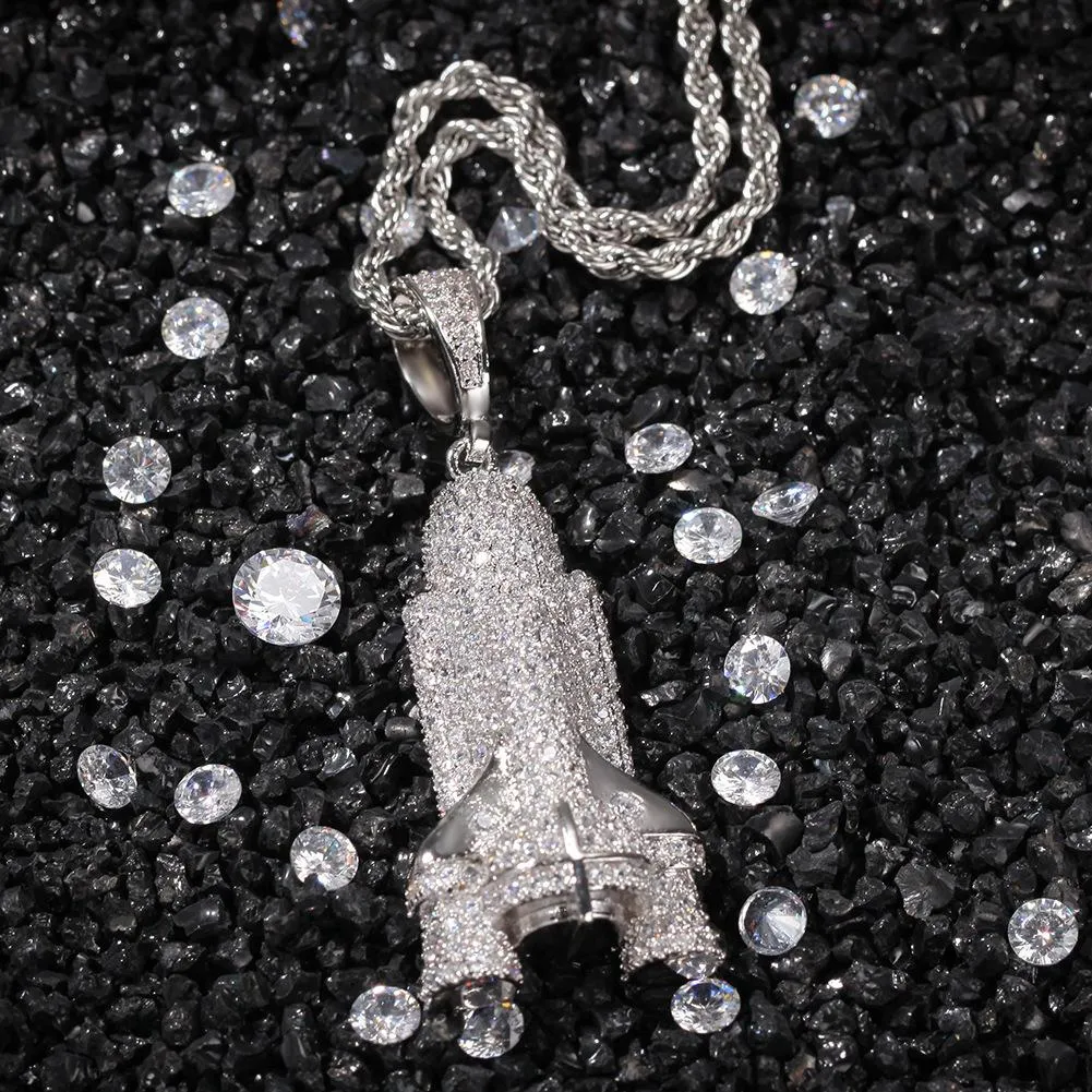 Nouvelle mode personnalisé gars plaqué or hommes Bling Rocket Ship pendentif collier chaînes Hip Hop glacé Rock rappeur bijoux cadeau 2110