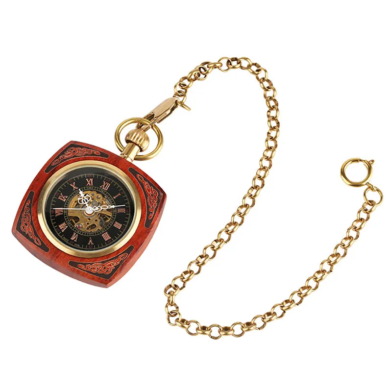 Steampunk vintage kwadratowy prawdziwy drewno automatyczny mechaniczny zegarek kieszonkowy mężczyźni kobiety szkieletowe zegarki w zawieszonych łańcuchach