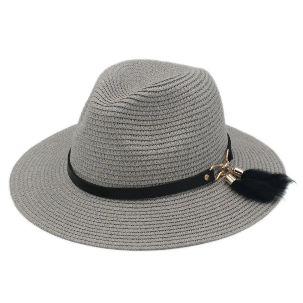 Chapeau de paille en plastique unisexe printemps été fête rue plage en plein air chapeau de soleil large casquette à bord souple Panama amant haut chapeau avec ceinture B7427065