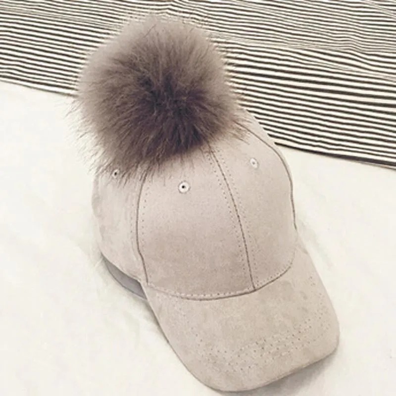 New Style Women Faux Fur Pompom Baseball Caps Light Tan Ball Suede Cap Hip-hop Hat Gorros265b