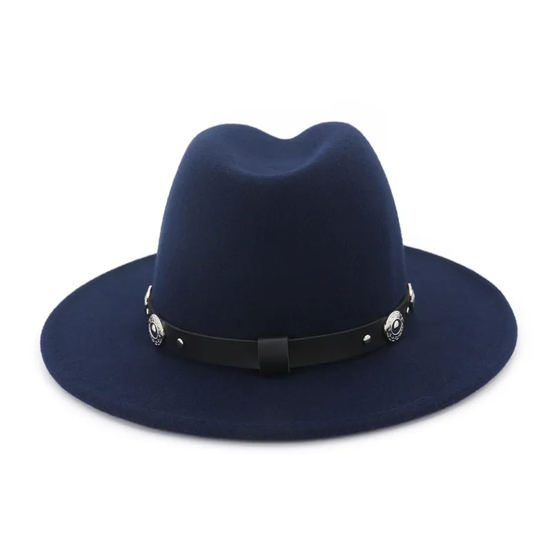 Трендовый пояс с заклепками, декор, обычная шерстяная фетровая шляпа Fedora для мужчин и женщин, унисекс, панама с плоскими полями, шляпы для игроков, кепки, джентльмен Trilby256u
