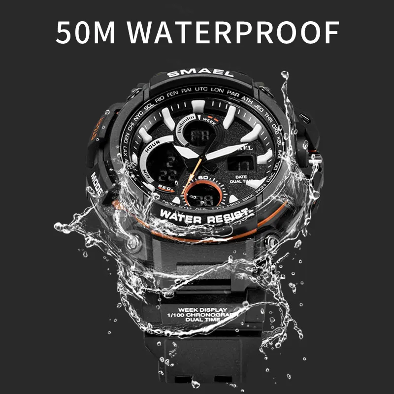 Sportuhr für Männer Neue Dual Time Display Männliche Uhr Wasserdichte THOCK-beständige Armbanduhr Digital 1708 Militäruhr Men333R