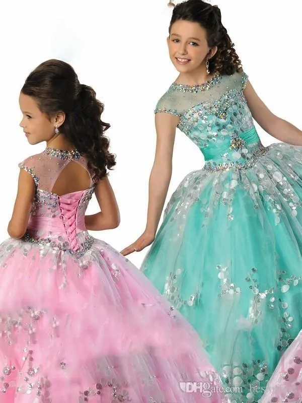 2020 Princess Girl 's Pageant Dresses Badeed Ruffles Sheer Neck Ball Gown Floor Renger Pink Blue Flower Girl 드레스 스팽글 드레스 3219