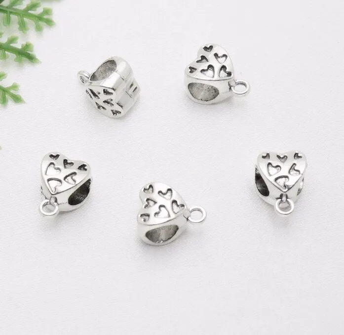 Lote de 300 Uds. De abalorios chapados en plata con forma de corazón, cuentas espaciadoras, colgante para joyería diy, hallazgos 12x9mm280I