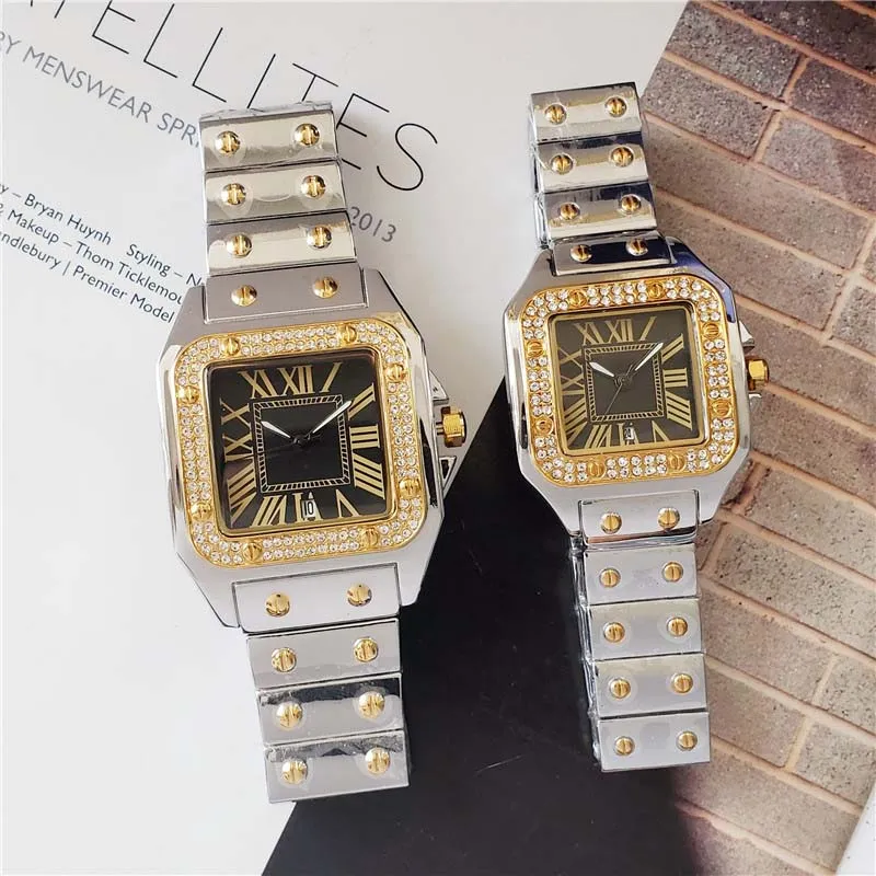 40mm 33mm Paar Mannen Vrouwen Diamanten Horloge Zilver Goud Rose Gouden Band Romeinse Num Shinning Case Datum quartz Watch209b