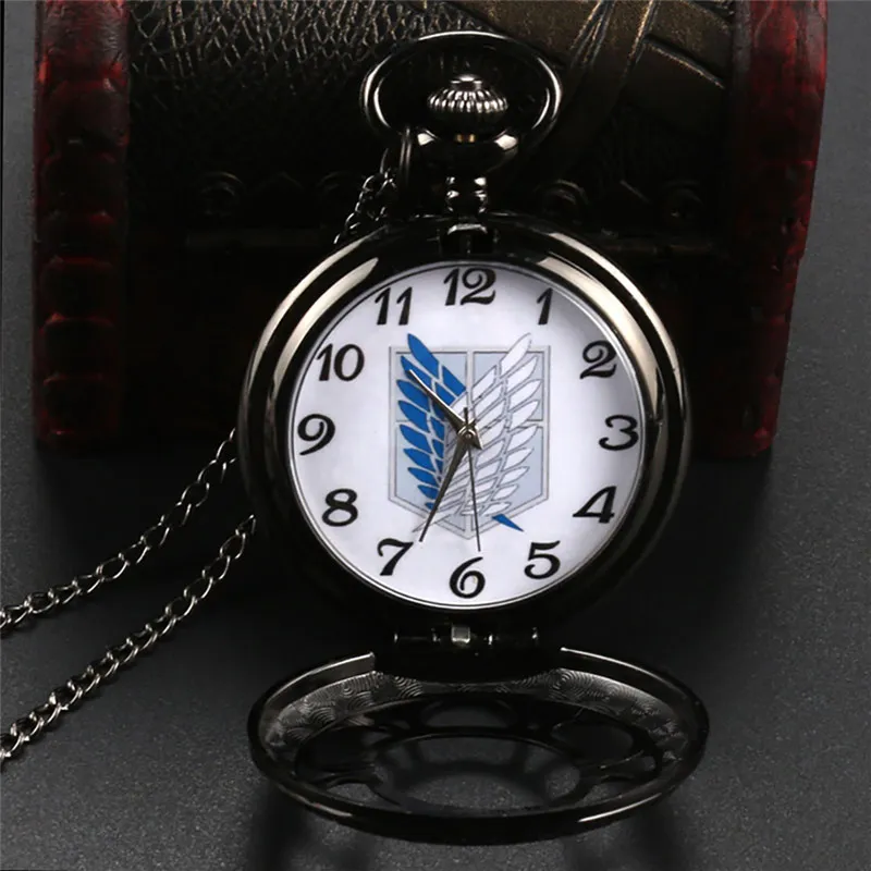Антикварные классические черные карманные часы «Атака Титанов», винтажные кварцевые аналоговые военные часы с цепочкой-ожерельем, подарок reloj de bolsil311x