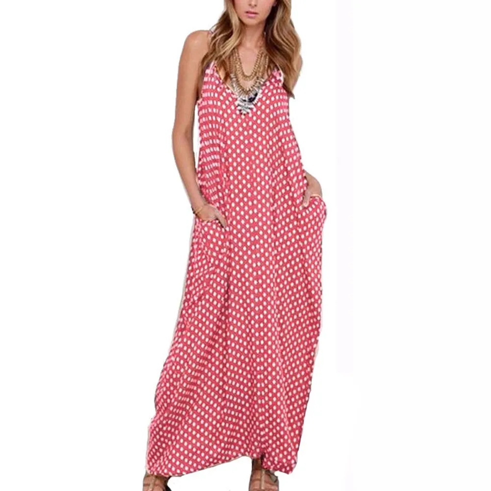 5XL 플러스 사이즈 여름 드레스 2017 여성 폴카 도트 인쇄 V 넥 민소매 sundress 느슨한 맥시 롱 비치 보헤미안 빈티지 드레스 Y19012102