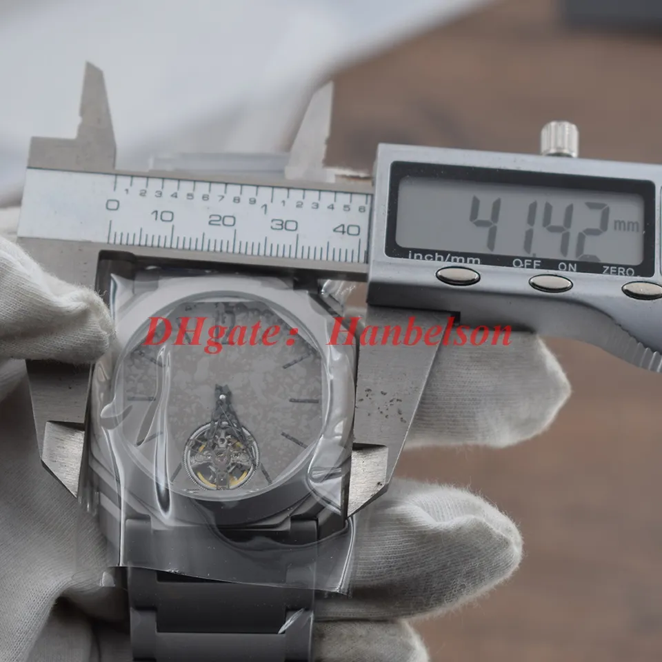 Ganze graue Herrenuhren, Luxusuhr, Titan-Stahlarmband, Tourbillon-Zifferblatt, automatische Uhr, mechanischer Glasboden, 41 mm Armbanduhr227A