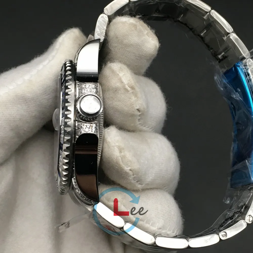 Haute qualité sous-montres hommes saphir noir bleu diamants lunette en acier inoxydable 40mm automatique mécanique montre-bracelet gift286O