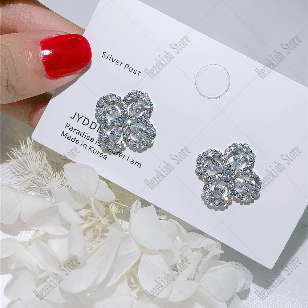 Clover Hip hop punk S925 Pure Silver Flower Earrings zircon Temperament lady Earrings Dance party High-end quality Luxury fashion Platinum Eardrop