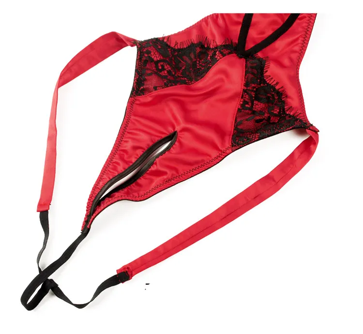 Noir rouge femmes ouvert soutien-gorge sans entrejambe body Lingerie fronde dentelle nœud dos nu vêtements de nuit Teddy Lenceria Sexi Para Mujer S703