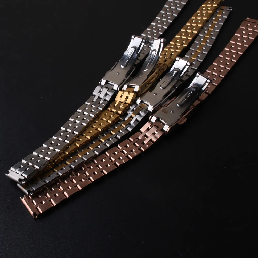 Rostfritt stål Watchband Mini -bredd 10mm 12mm 14mm16mm Rose Gold Silver Gold Watch Band Rand Armband Fold Clasps Distribution C290B