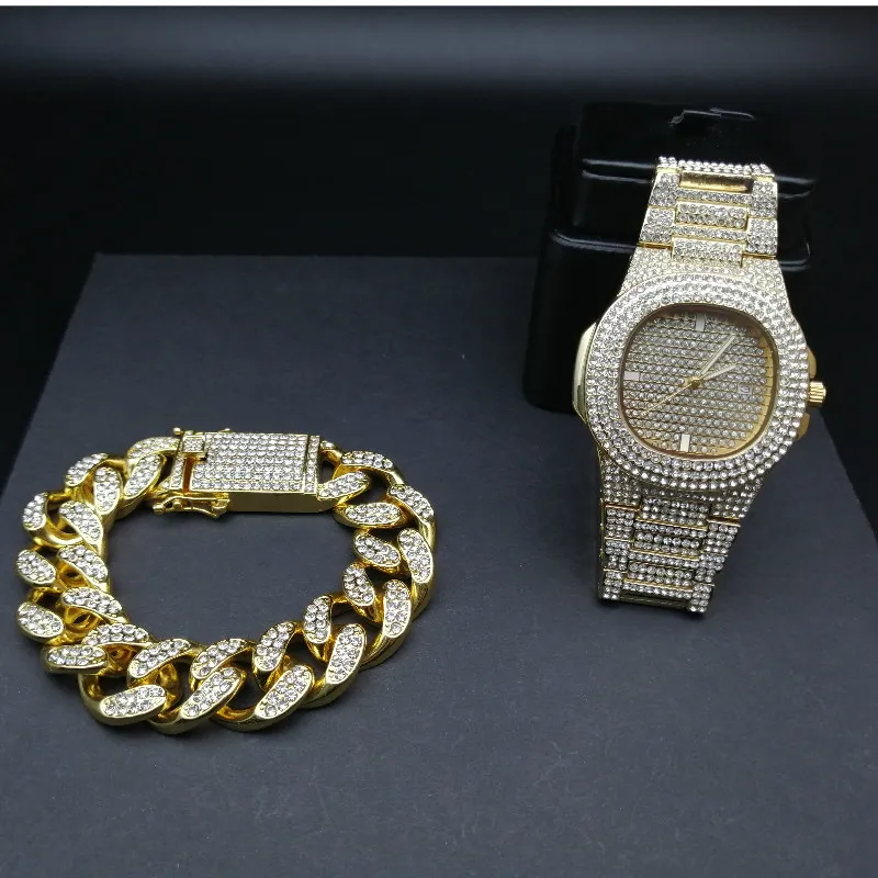 Hip Hop Mens Watches Armband Set Fashion Diamond Iced Out Cuban Chain Gold Silver Watch Set med Box 201912803