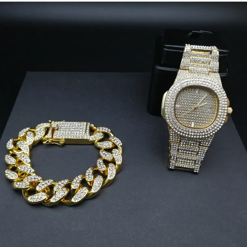 Hip Hop Mens Watches Bracelets Set Fashion Diamond Iced Out Cuban Chain Gold Silver Watch Set With Box 201912803