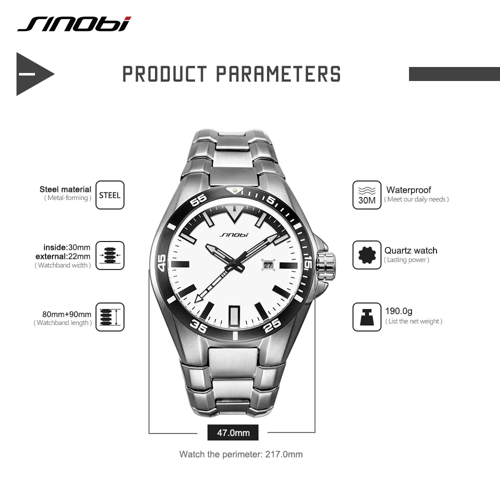 SINOBI мужские деловые часы из нержавеющей стали, роскошные высококачественные наручные часы со светящимися стрелками, водонепроницаемые Relogio Masculino2528