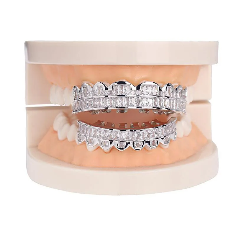 New Baguette Set Teeth Grillz Top & Bottom Rose Gold Silver Color Grills Dental Mouth Hip Hop Fashion Jewelry Rapper Jewelry211A