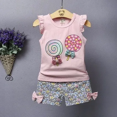 2019 Nieuwe Zomer Stijl Kinderen Lollipop Patroon Vest Shorts Tweedelig Pak Mode Meisje Dunne Gedeelte Katoen Dragen