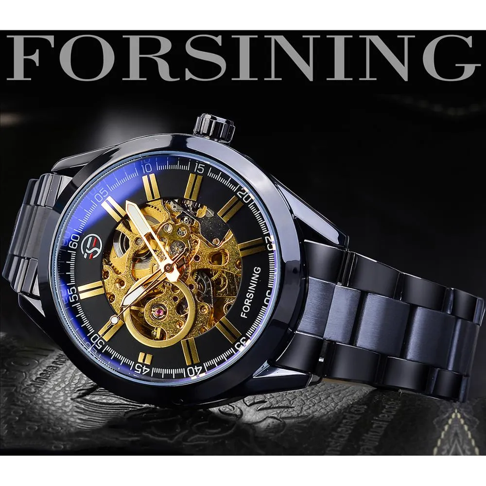 Forsining Steampunk Orologio meccanico da uomo Scheletro automatico Cinture in acciaio inossidabile nero Business Orologi da polso maschili Reloj Hombre302e