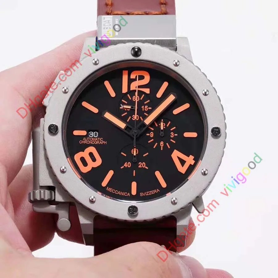 Brand New Quartz Chronograph Stopwatch Men U chronograph U42 Chimera Silver Aged Brown Cow Black Leather Boat Watch2833