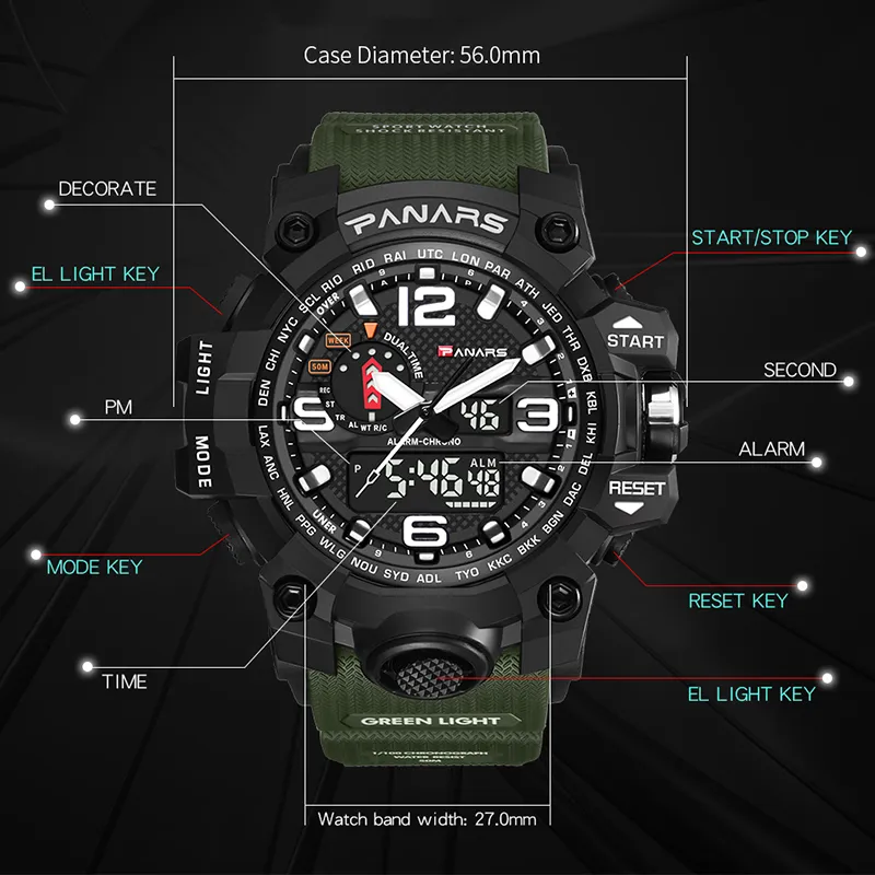 PANARS MĘŻCZYZNA Cyfrowy zegarek Wodoodporny szok LED Mężczyzna wojskowa armia elektroniczna zegarek na zewnątrz wielofunkcyjny zegar LY19121275O