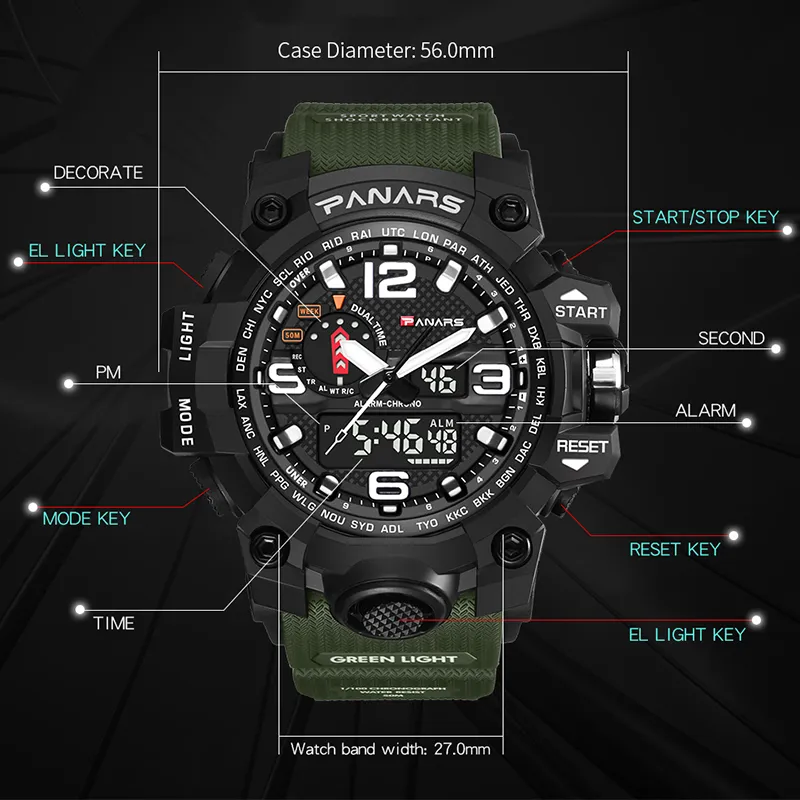 Panars Men Sport Digital Watch Waterproof LED CHOCK MAN MILITORE ELEKTRONISK ARMY HEMSTWATCH utomhus Multifunktionell klocka LY19121338T