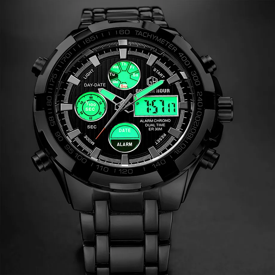 Reloj Hombre GOLDENHOUR Zwart quartz herenhorloge zegarek meski Digitale polshorloges Militaire sport Mannelijke klokken Relogio Masculino285v