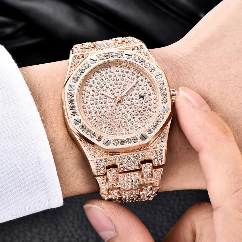 Yellow Gold Tone Men Dress Watches Bling Diamond Quartz Men's Business Watch Waterproof Stainless Steel Fashion Male Clock XF220t