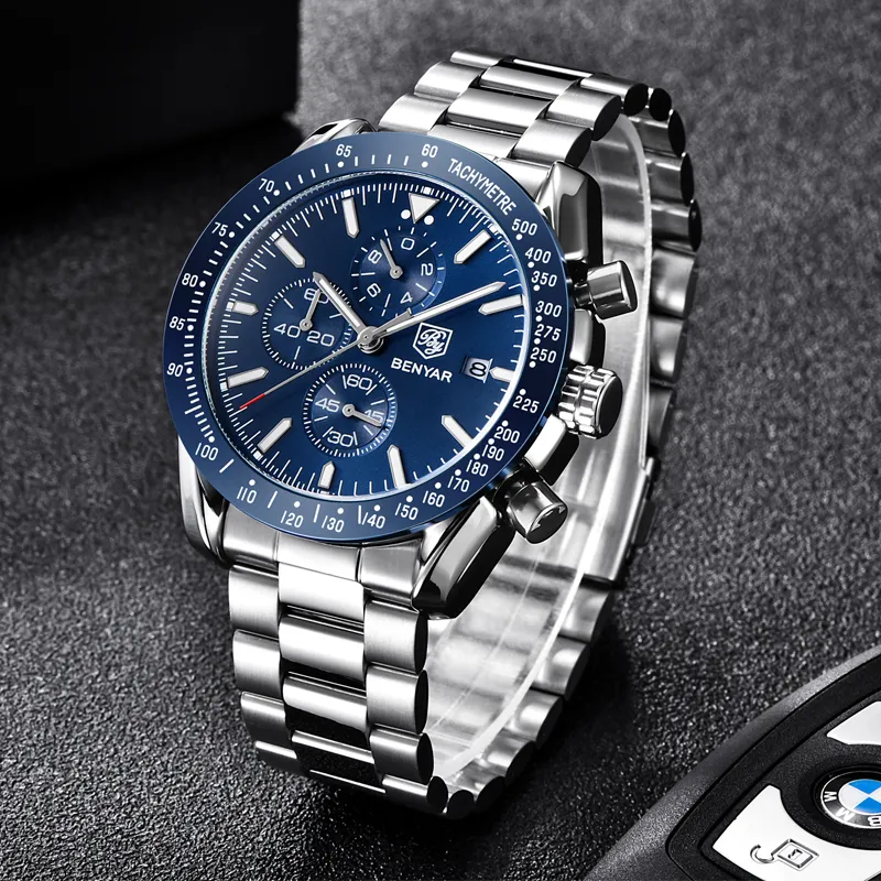 Benyar Men Watches Set Luxury Brand Business Steel Steel Quartz Watchカジュアルウォータープルーフ男性リストウォッチRelogio Masculino2859