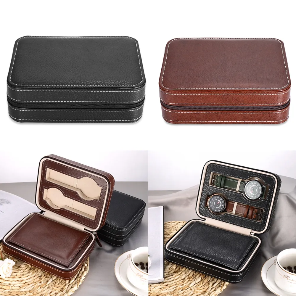 4 Grids PU Leather Watch Box Travel Storage Case Zipper Wristwatch Box Organizer Holder For Clock Watches Jewelry Boxes Display340D