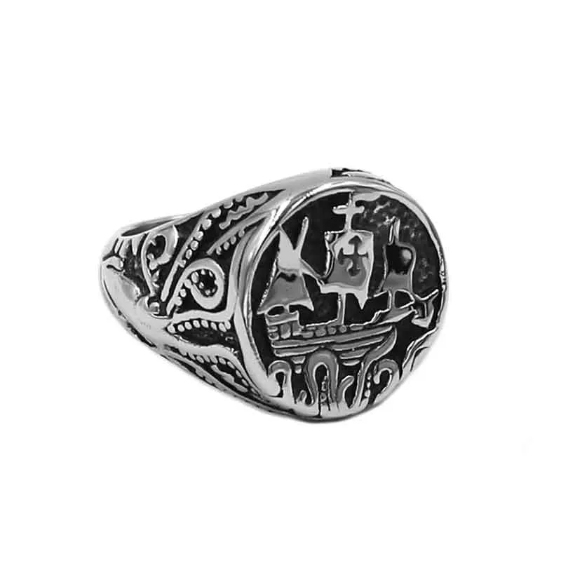 Sailing Boat Ship Cross Ring Stainless Steel Jewelry Classic Pirate Ship Octopus Navy Military Biker Mens Ring 891B206y