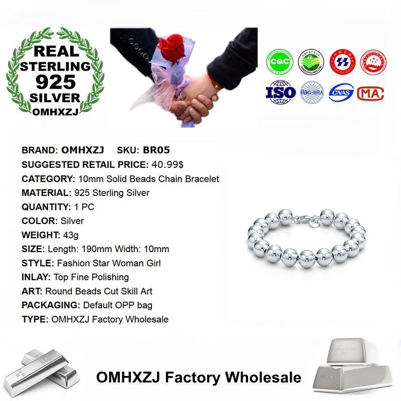 OMHXZJ STRANDES PRÉDIQUES entières Personnalité Fashion Woman Girl Girl Party Gift 10 mm Solid Beads Chain 925 Sterling Silver Bracelet BR059763730