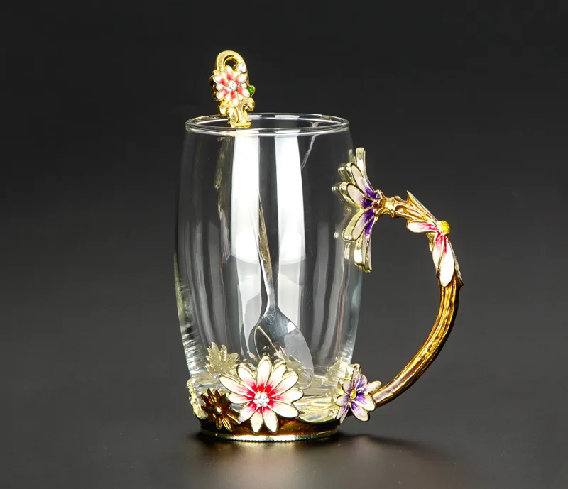 Criativo resistente ao calor caneca de vidro cristal esmalte caneca flor chá conjunto xícara café água leite café drinkware para presente prefer259o