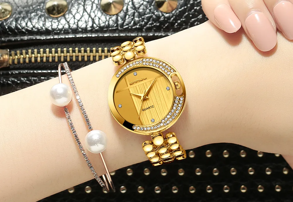 Mode Women Watches Crrju Top Brand Luxury Star Sky Dial Clock Luxury Rose Gold Women's Armband Quartz Wrist Watches Relog330o