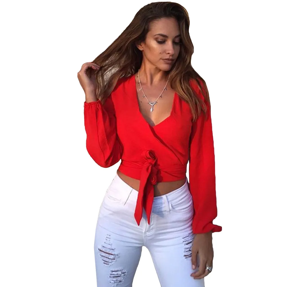 Anself Blusas Mujer De Moda 2019 Fashion Women Tie-back Blouse Deep V Neck Long Sleeve Blouses Sexy Cutout Shirt Crop Top Yellow Y190510