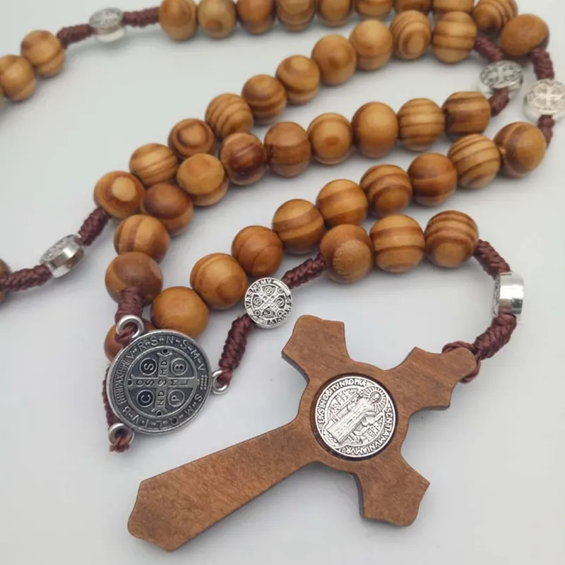 Männer Frauen Christus Holz Perlen 10mm Rosenkranz Perle Kreuz Anhänger Gewebte Seil Kette Halskette Schmuck Accessories1214S