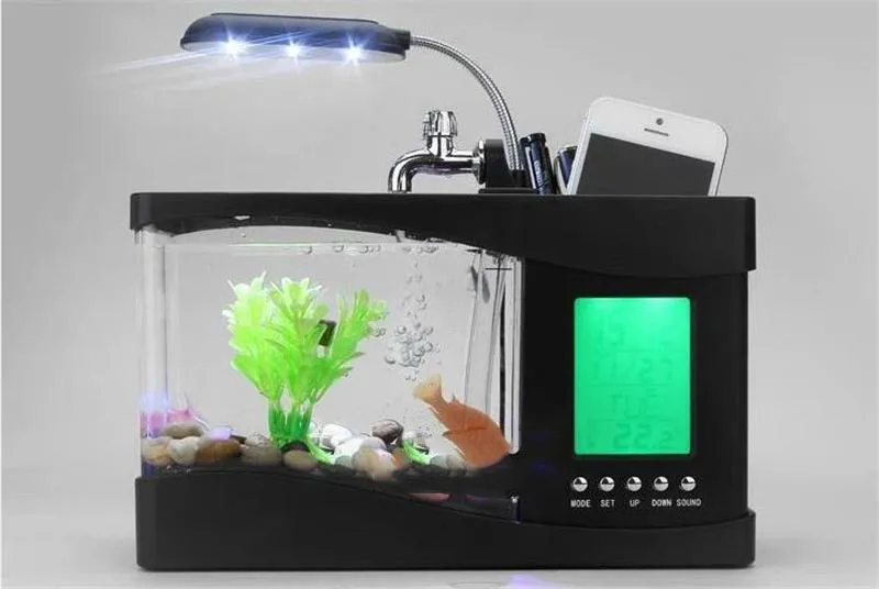 Newest Mini USB LCD Desktop Lamp Light Fish Tank Multi-fonction Aquarium Light LED Clock White Black Valentine Christmas days gift210v