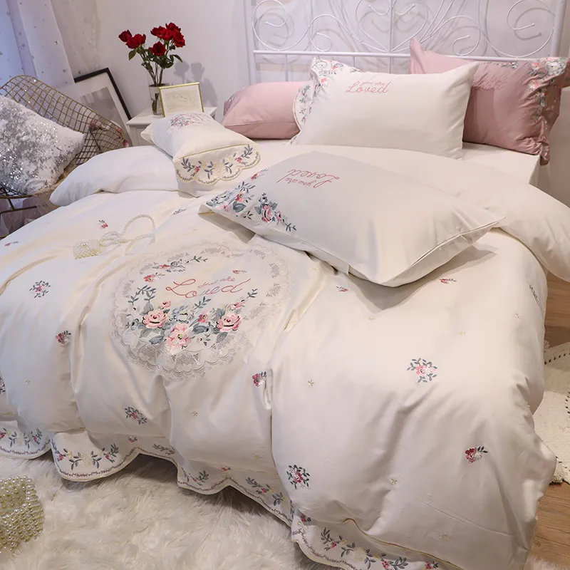 Princesse rose coton ensembles de literie de luxe roi reine taille broderie pastorale fleur blanc menthe vert housse de couette housse de couette Bed303A