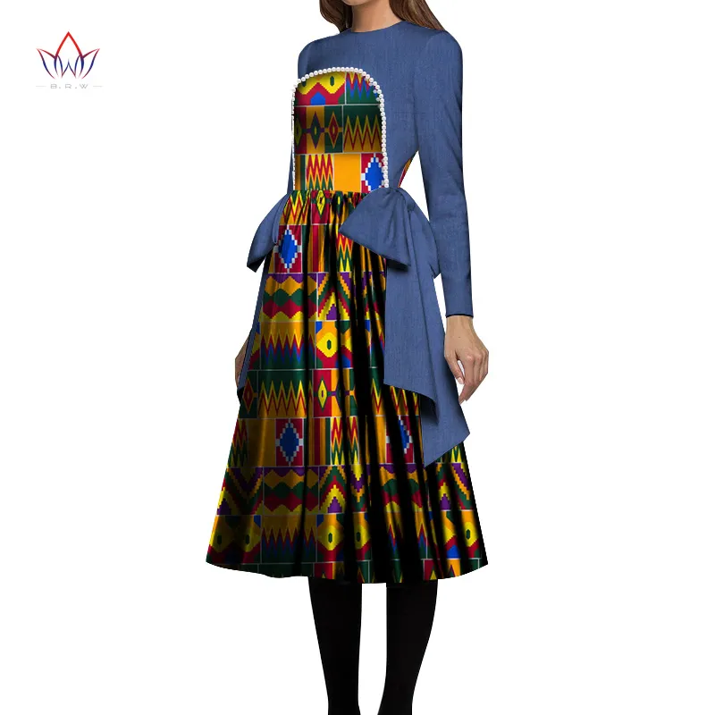 Afrykańskie kobiety Dress 2020 Pearl Denim Print Print Drukuj Wosk Dresses Bazin Riche Mid-Calf Afryka Bow Sexy Dress Wy6694