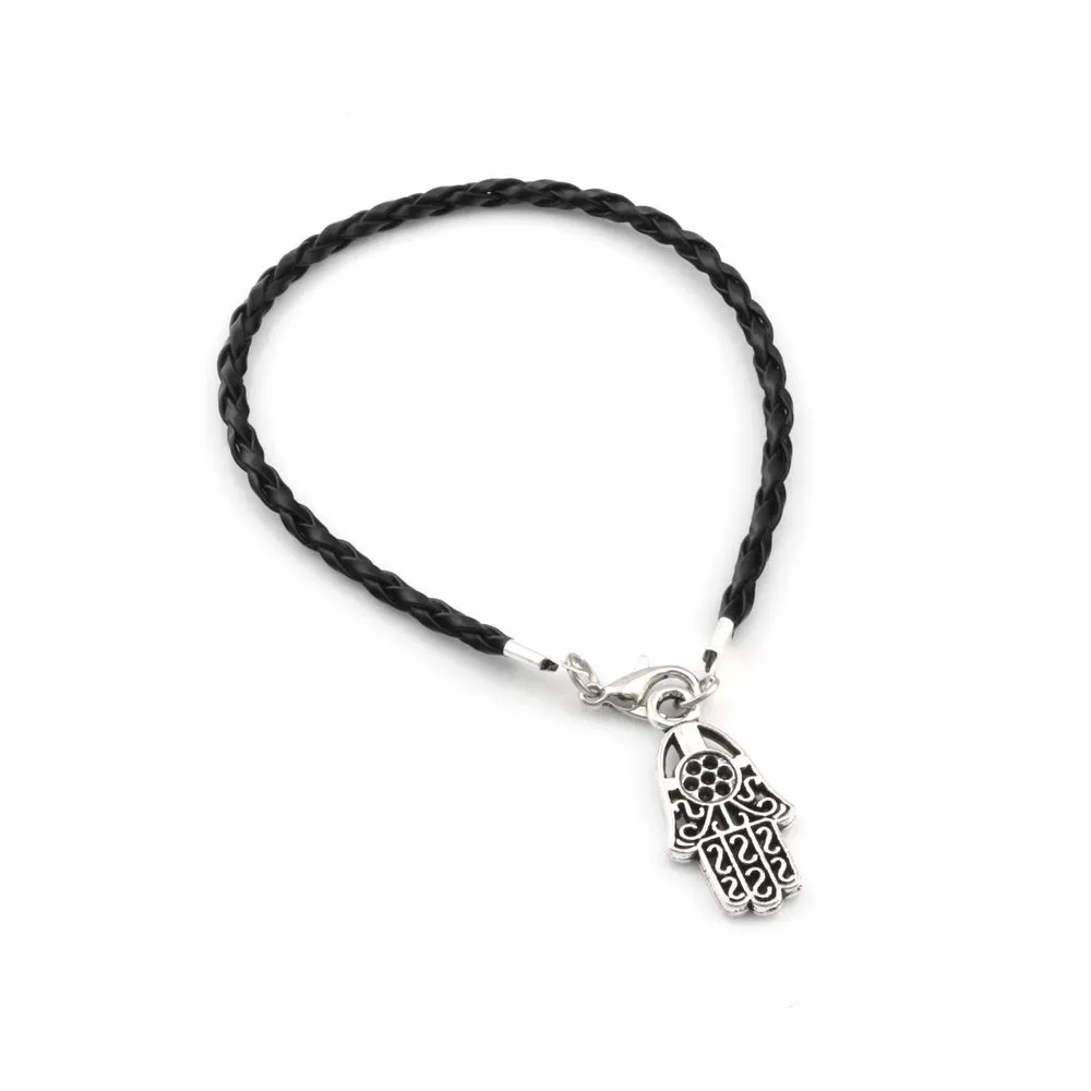 100 unidades misturadas kabbalah hamsa mão amuletos da sorte pulseiras de couro preto corda trançada 17 -21cm2528