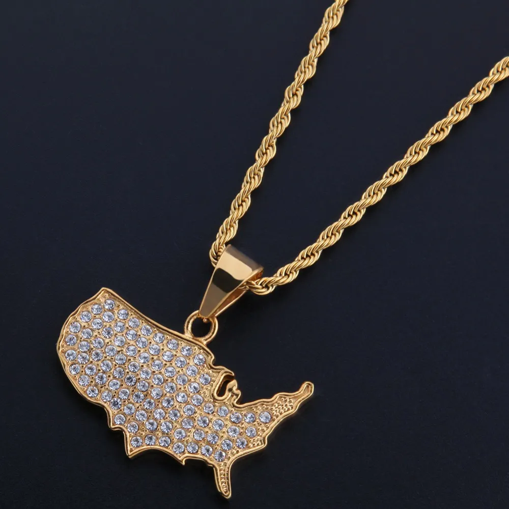 Мода-Хип-хоп Iced Out карта Америки в форме ожерелья с подвесками из нержавеющей стали модное популярное ожерелье в стиле хип-хоп с подвесками ювелирные изделия Gift271D