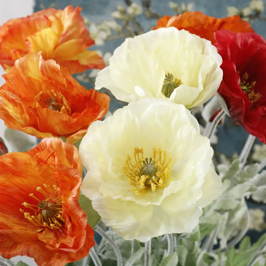 5 piezas de flores artificiales de amapola grande con hojas, flores artificiales para otoño, fiesta en casa, decoración, corona, flores de seda falsas 212j